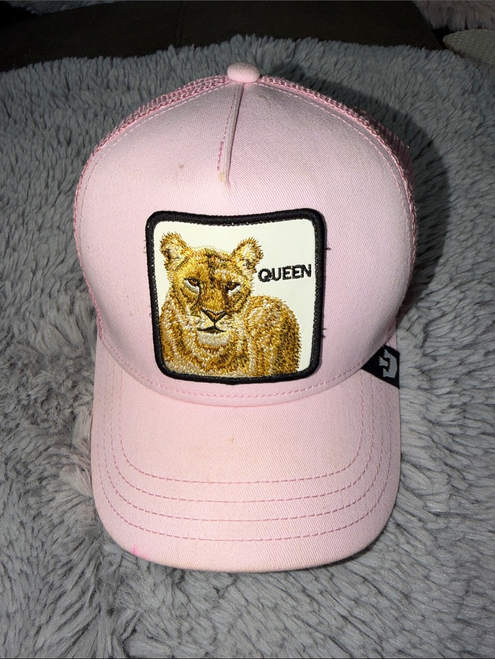 Pink Trucker Hat with Embroidered Lioness 'Queen' Patch